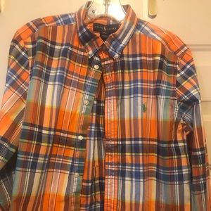 Long sleeve, button-down plaid polo shirt